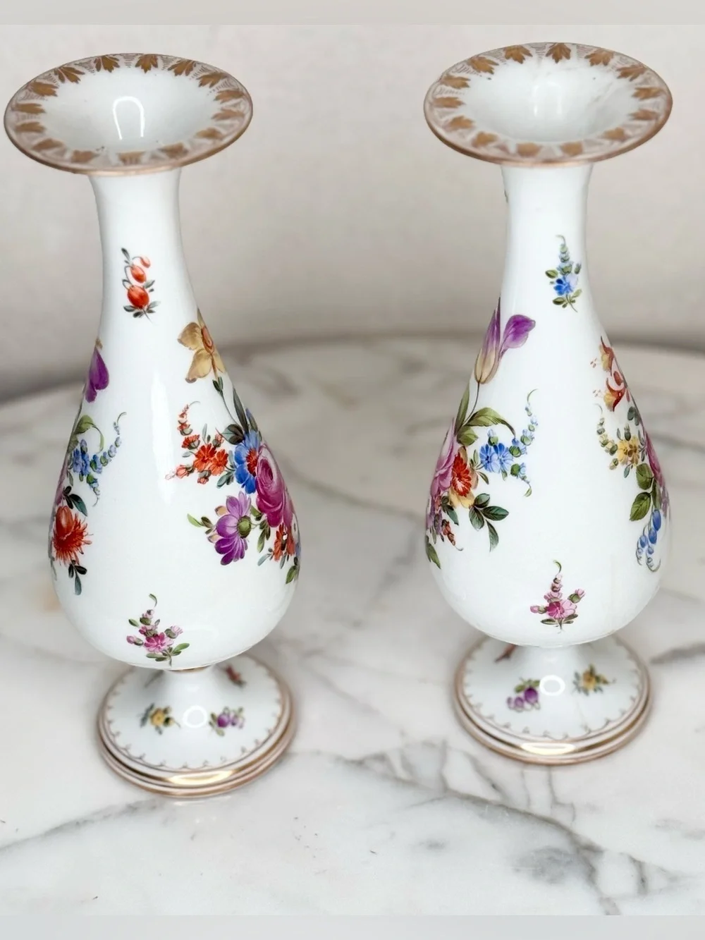 Dresden Germany antique Hand Painted trumpet style,vase pair or candle holders
